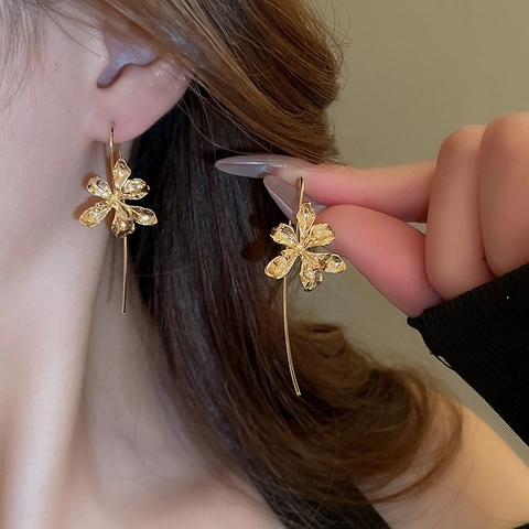 Flower Drop Earrings Retro Metallic Textured Iris Floral Long Hook Elegant Jewelry For Women With Silver Earring Post