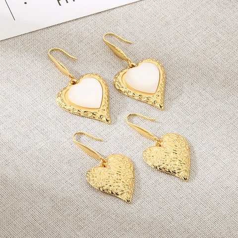 Elegant Stainless Steel Heart Earrings Gold Plated Hammered Texture Inlaid Cat Eye Stone Ear Hooks For Women