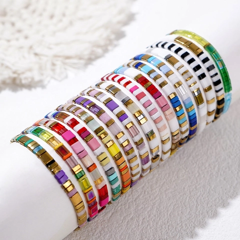 Handmade Tila Bead Bracelet Bohemian Colorful Enamel Glass Geometric Elastic Stretch Women Beach