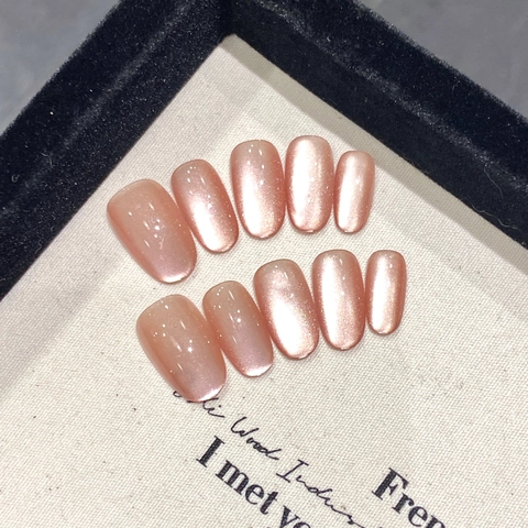 Handmade Cat Eye Press On Nails Water Gloss Short Oval Fake Nails Rose Gold Shimmer Artificial Nails For Professional Manicure Women