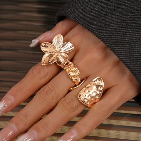 Anelli Aperti Fiore E Texture Martellata Irregolare Lega Oro Geometrica Regolabile Gioielli Chic Per Donne