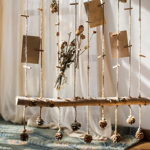 Wall Hanging Photo Display Rack Birch Wood With Hemp Rope And Wooden Clips Pine Cones Boho Rustic Home Wall Decor