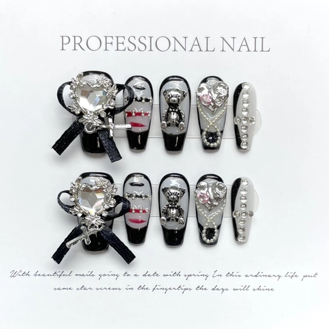 Coffin Press On Nails Dark Gothic Court Style With 3D Velvet Bowknot Heart Zircon Metal Bear Artificial Pearl Cross Decoration Handmade