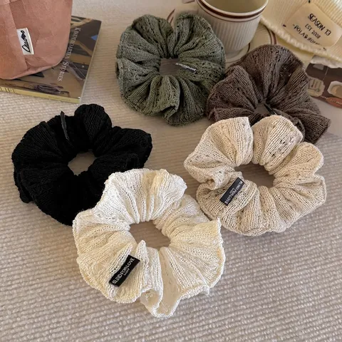 Knitted Hollow Out Scrunchies Oversized Hair Ties Elastic Ponytail Holder Ruffled Vintage French Style For Women