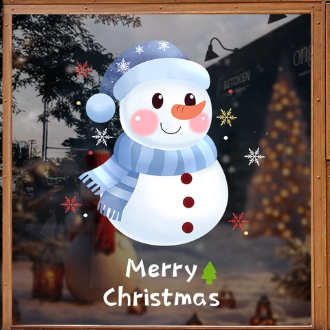 Weihnachtsfensterbilder PVC Statisch Aufkleber Doppelseitig Schneemann Merry Christmas Schneeflocke Glas Deko