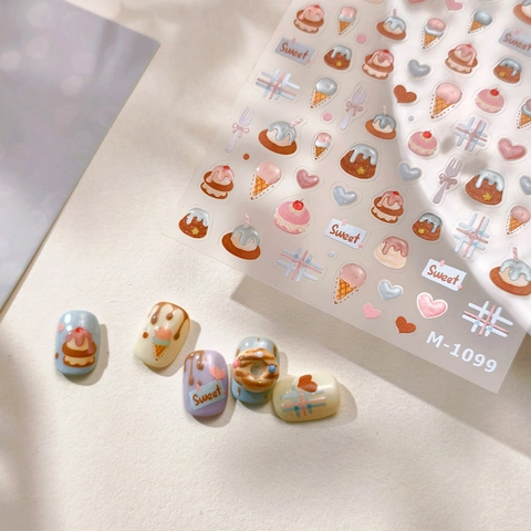 3D Embossed Nail Art Stickers Dessert Cake Ice Cream Heart Patterns Self Adhesive Sweet Macaron Style Manicure Decoration