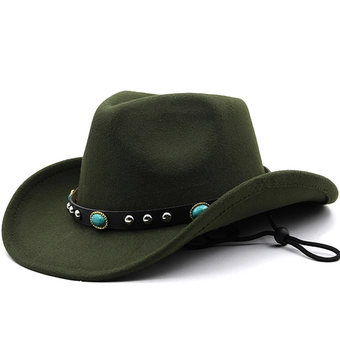 Chapeau De Cow-Boy Occidental Large Bord Coton Polyester Feutre Fedora Avec Ceinture Rivets Turquoise Jugulaire Rétro Unisexe