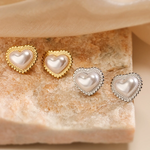 Stainless Steel 18K Gold Plated Heart Shape Artificial Pearl Stud Earrings For Women Vintage French Style Fashion Jewelry Accessories