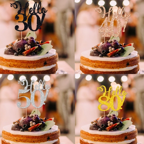 Hello Birthday Cake Topper Glitter Paper Sparkly Party Decoration For Celebration Event Gold Silver Black Colors