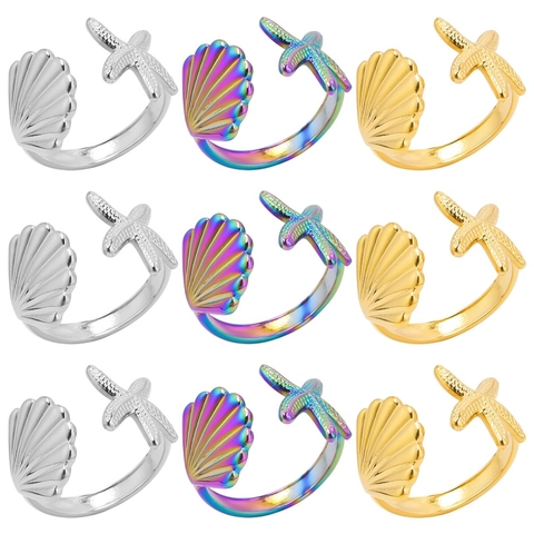 Anello In Acciaio Inossidabile Con Stella Marina E Conchiglia Per Donna Aperto Regolabile Tema Oceano Gioielli