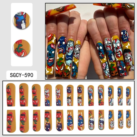 Halloween Aufpressnägel Coffin Lang Künstliche Nägel Kürbis Zombie Schädel Muster Orange Gelb Festlich Damen