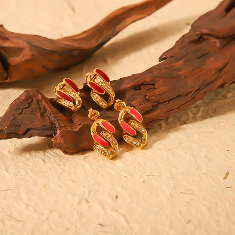 Orecchini A Catena Acciaio Inossidabile Placcato Oro 18K Smalto Zircone Stile Vintage Francese Geometrico Donna