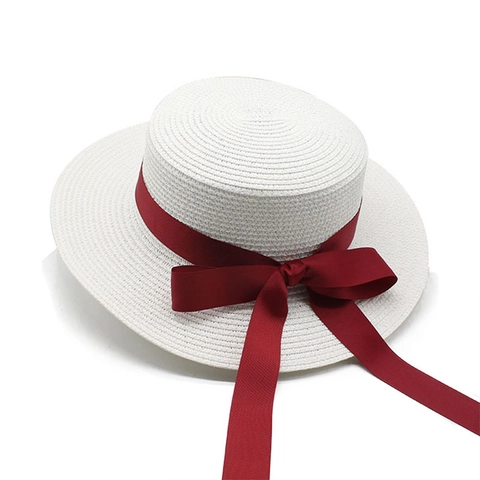 Women Straw Boater Hat Paper Woven Flat Top Sunshade Wide Brim With Ribbon Bow Retro French Summer Beach Vacation Travel