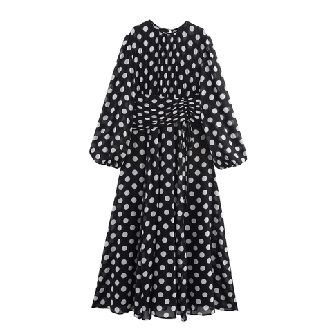 Polka Dot Maxi Dress Chiffon Long Sleeve Square Neck High Waist Pleated Elegant Retro Party Long Dress For Women