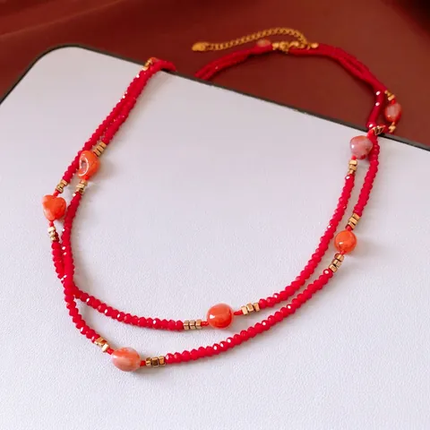 Collana A Più Strati Con Perline Di Vetro Rosso Pietra Naturale Agata Accenti Metallo Dorato Catena Lunga Maglione Retro