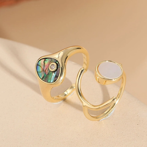 Vintage Luxury Copper Open Ring For Women Abalone Shell Round Freshwater Shell Inlaid Zirconia Gold Plated Fashion Jewelry