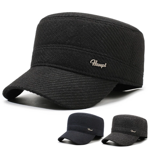 Berretto Cadet Invernale Da Uomo Lana Spessa Calda Protezione Orecchie Cappello Piatto Esterno Regolabile Logo Metallo