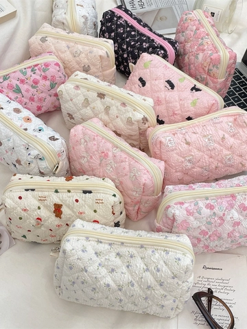 Borsa Per Cosmetici Trapuntata Grande Capacità Simpatico Motivo A Cartoni Animati Orso Cane Cerniera Custodia Da Viaggio Trucco Donna