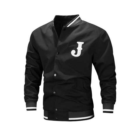 Men Varsity Jacket Casual Baseball Bovenkleding Letter J Borduurwerk Gestreepte Geribbelde Trim Drukknoop Windjack