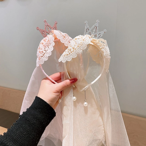 Serre-tête Princesse Avec Voile En Tulle Nœud En Dentelle Couronne Et Gland De Künstliche Perle Artificielle Accessoire Cheveux Filles