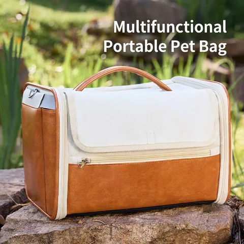 Portable Pet Carrier Bag Breathable Mesh Canvas Leather Travel Shoulder Handbag For Cat Rabbit Small Animals Foldable