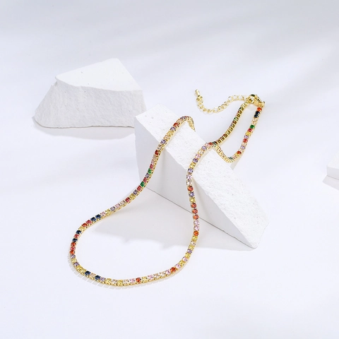 Tennis Necklace Copper 18K Gold Plated Cubic Zirconia Rainbow Colorful Clear Stone Adjustable Clavicle Chain For Women