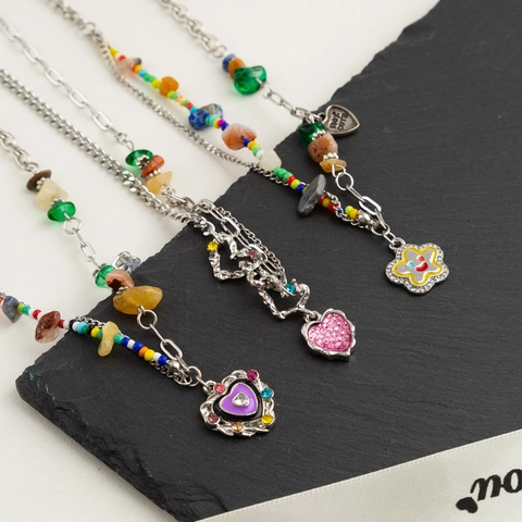 Y2K Dopamin Mehrfarbige Perlenkette Für Damen Titanstahl Herz Wolke Anhänger Süßer Cooler Ästhetik Schlüsselbein Kette Schmuck