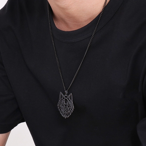 Geometric Wolf Head Pendant Stainless Steel Necklace Hollow Hip Hop Animal Jewelry For Men