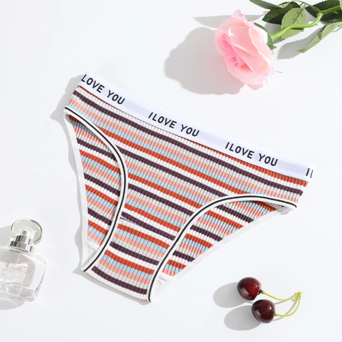 Womens Cotton Panties Ribbed Knit Rainbow Striped Low Waist Breathable Briefs With Letter Printed Waistband