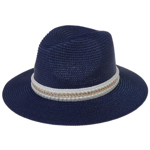 Women's Panama Straw Hat Sun Protection Woven Fedora Jazz Hat With Belt Buckle Pearl Chain Decoration For Summer Beach