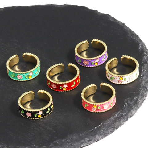 Bague Ouverte En Émail Floral Cuivre Plaqué Or Ajustable Rétro Français Doux Motif Fleur Cerise Bijoux Femme