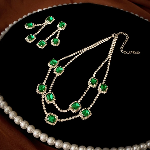 Vintage Emerald Green Square Tassel Dangle Earrings Alloy Rhinestone With 925 Sterling Silver Earring Post Jewelry For Women