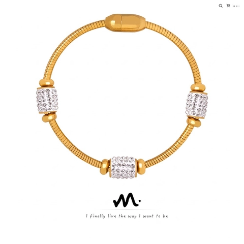 Bracciale Catena Serpente Acciaio Titanio Perline Cilindriche Zircone Chiusura Magnetica Placcato Oro Gioielli Donna