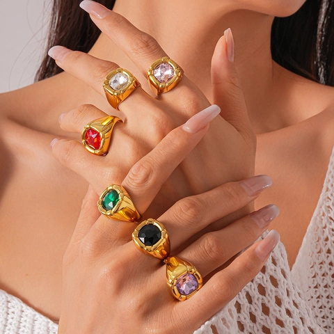 Vintage Geometric Square Zircon Ring Stainless Steel Gold Plated Colorful Chunky Minimalist Jewelry For Women
