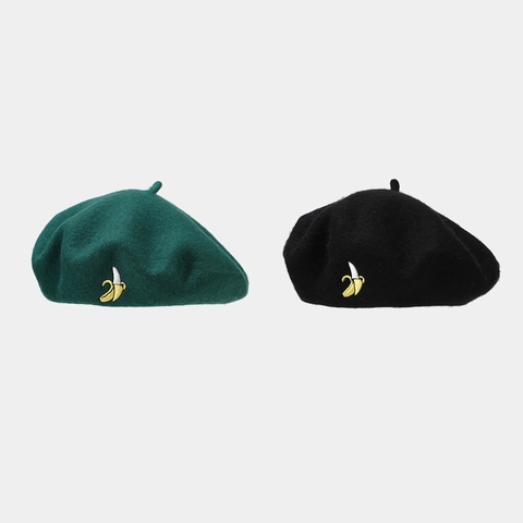 Banana Embroidery Wool Blend Beret For Women Winter Warm Fashion Painter Hat Japanese Style Solid Color
