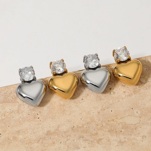 Stainless Steel Heart Stud Earrings With Sparkling Zircon Polished Finish Trendy Minimalist Fashion Jewelry For Women