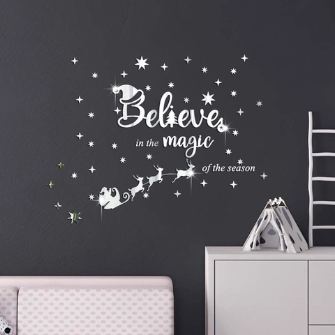 Adesivo Da Parete Specchio Natale Acrilico Believe Magic Citazione Arredo Babbo Natale Slitta Renna Stella DIY Festa