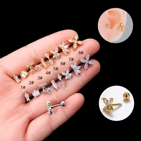 Stainless Steel Cartilage Stud Earrings Copper Zircon Micro Inlaid Screw Back Piercing Jewelry For Women Various Shapes