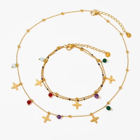 Edelstahl Schmuckset Bunte Perlen Kleeblatt Kreuz Anhänger Halskette Armband Modeschmuck Für Damen