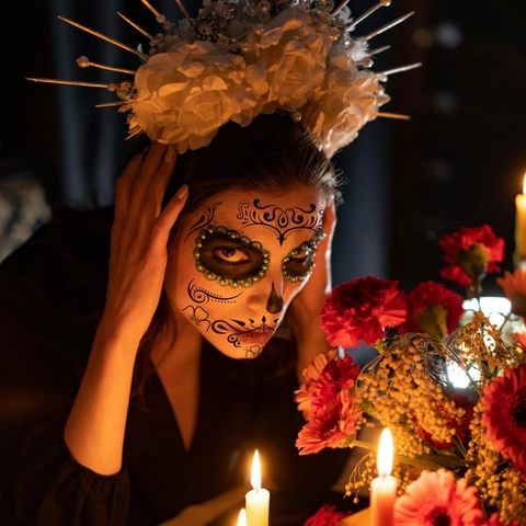 Autocollants De Tatouage De Visage Imperméable Halloween Jour Des Morts Crâne De Sucre Design Floral Maquillage