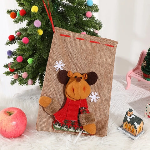 Sac Cadeau De Noël Renne Peluche Toile De Jute Pochette À Cordon Fête De Vacances Rangement Bonbons Décoration