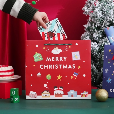 Christmas Gift Bags White Cardboard Ribbon Bow Handles Holiday Treat Packaging Cartoon Festive Style