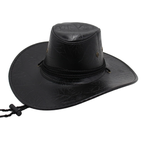 Western Cowboy Hat Faux Leather Leaf Embossed Vintage Retro Jazz Cap With Braided Rope And Strap Sun Protection Unisex