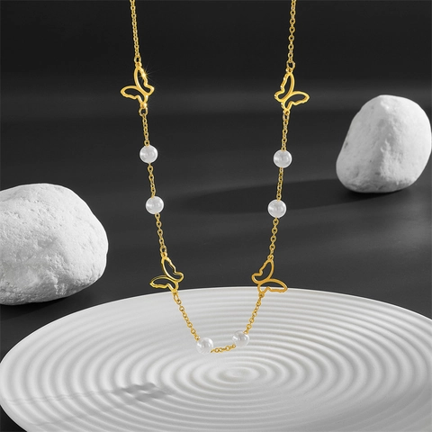 Collar Con Colgante De Mariposa Hueca De Acero Inoxidable Y Perla Artificial Cadena De Clavícula De Moda Para Mujer Joyería Elegante