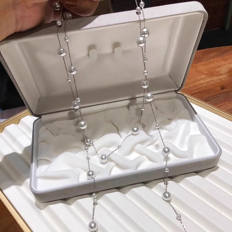 Long Faux Artificial Pearl Station Necklace Elegant Layered Alloy Bead Glass Jewelry For Women Fashion Sweater Chain Accessory