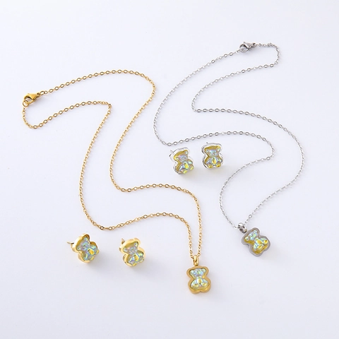 Cute Bear 304 Stainless Steel Iridescent Resin Pendant Necklace And Stud Earrings For Women Fashion Jewelry Accessory