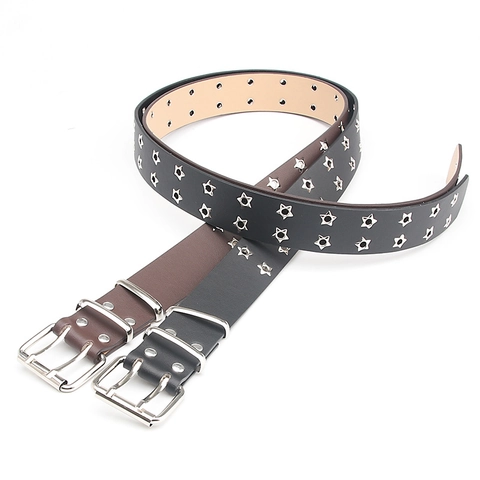 Cinturón de Cuero Sintético Estilo Punk para Mujer Con Remaches de Estrella Hebilla de Pasador Doble Moda Harajuku