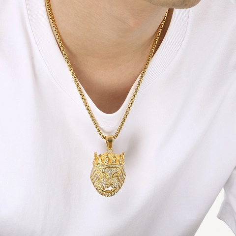 Lion Head Crown Pendant Necklace Stainless Steel Rhinestone Hip Hop Streetwear Jewelry For Men