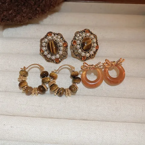 Vintage Paleisstijl Oorbellen Tijgeroog Kunstparel Hars Strik Met 925 Sterling Zilveren Oorsteker Franse Sieraden