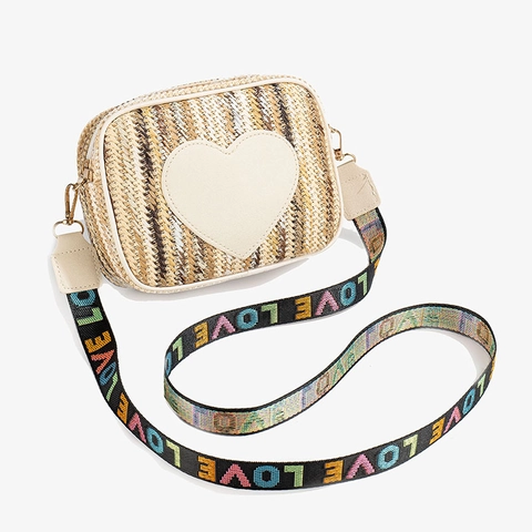 Straw Woven Crossbody Bag Heart Patch Camera Square Handbag Wide Strap Letter Print Summer Vacation Casual For Women